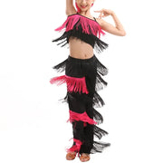 Girls Two Piece Multi-color Tassel Fringe Samba Salsa Ballroom Latin Dance Pants and Tops Dance Costume Set - DancerInn