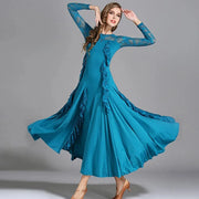 Women Hidden Zipper Flower Pattern Long Sleeves Ballroom Standard Waltz Dress Tango Costume Lace Dressing Gown - DancerInn