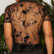 Mens Floral Print T Shirt - Black See Through Mesh Short Sleeve O-Neck Streetwear Top for Dance Performance Stage -   Men Dance Shirts DancerInn