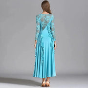 Women Hidden Zipper Flower Pattern Long Sleeves Ballroom Standard Waltz Dress Tango Costume Lace Dressing Gown - DancerInn