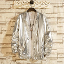 Chaqueta bomber metalizada - Chaqueta de cuero brillante estilo hip hop para hombre, ligera, plateada, ideal para fiestas rave y discotecas. - Plata / XXL