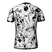 Mens Floral Print T Shirt - Black See Through Mesh Short Sleeve O-Neck Streetwear Top for Dance Performance Stage -   Men Dance Shirts DancerInn