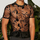 Heren T-shirt met bloemenprint - Zwart doorschijnend mesh, korte mouwen, O-hals, streetweartop voor dansoptredens op het podium - zwart / S