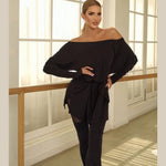 Dance Latin Dresses - Off Shoulder Ballroom Practice Dress with Waist-Tie for Salsa Samba Rumba - DancerInn    - 34232933253303 - 34232933253303