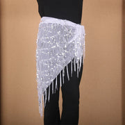 Belt for Belly Dance - Beaded  Belly Dancer Hip Scarf with Coins, Fringe, and Triangle Design - DancerInn Silver-One-size