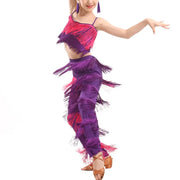 Girls Two Piece Multi-color Tassel Fringe Samba Salsa Ballroom Latin Dance Pants and Tops Dance Costume Set - DancerInn