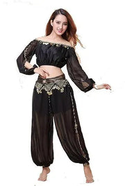 Stylish Indian Belly Dance Set Chiffon Long Sleeves Top and Lantern Coins Pants - DancerInn