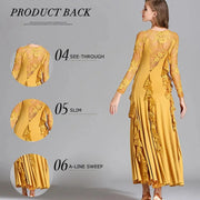 Women Hidden Zipper Flower Pattern Long Sleeves Ballroom Standard Waltz Dress Tango Costume Lace Dressing Gown - DancerInn