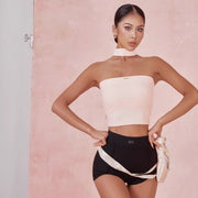 Black Dance Costume Leotard - Off Shoulder Camisole Dance Top with Choker Padded Bra for Latin Salsa Rumba Samba - DancerInn Pink / L