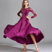 Women Hidden Zipper Flower Pattern Long Sleeves Ballroom Standard Waltz Dress Tango Costume Lace Dressing Gown - DancerInn