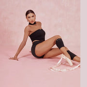 Black Dance Costume Leotard - Off Shoulder Camisole Dance Top with Choker Padded Bra for Latin Salsa Rumba Samba - DancerInn 