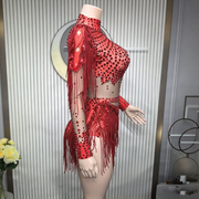 Rhinestone fringe sheer mesh bodysuit sequin showgirl stage performance wear