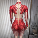 Sparkly sequin rhinestone fringe sheer mesh dance bodysuit for women - 38416941908151 - 38416941908151