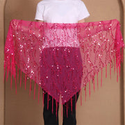 Belt for Belly Dance - Beaded  Belly Dancer Hip Scarf with Coins, Fringe, and Triangle Design - DancerInn Rose-red-One-size