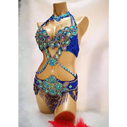 Bellydance Clothes for Women - Sexy Beaded Crystal 3 Piece Dance Costume Set with Bra, Belt, and Necklace - DancerInn