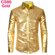 70s Disco Shirt Mens Performance Shirt – Shiny Sequin Long Sleeve Latin Ballroom Top for Party, Dance, Nightclub & Stage - DancerInn CS86-Gold-XXL