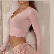 Dance Tops For Ladies - Long Sleeve Dance Top with Wrap V-neck Lace-up Design for Latin Salsa Rumba Samba - DancerInn 