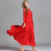 Women Hidden Zipper Flower Pattern Long Sleeves Ballroom Standard Waltz Dress Tango Costume Lace Dressing Gown - DancerInn