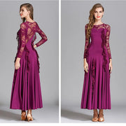 Women Hidden Zipper Flower Pattern Long Sleeves Ballroom Standard Waltz Dress Tango Costume Lace Dressing Gown - DancerInn