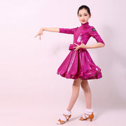 Ballroom and Latin Dance Dresses for Girls - High Neck, Mid-Sleeves, Back Zipper and Flowing Skirt - DancerInn 
