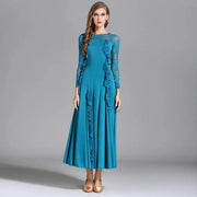 Women Hidden Zipper Flower Pattern Long Sleeves Ballroom Standard Waltz Dress Tango Costume Lace Dressing Gown - DancerInn