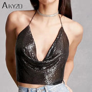 Backless Sequin Crop Tops Sexy Metallic Gold Silver Tanks for Women Summer Beach Club Fashion - DancerInn