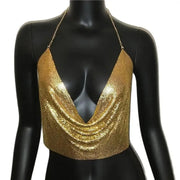 Backless Sequin Crop Tops Sexy Metallic Gold Silver Tanks for Women Summer Beach Club Fashion - DancerInn