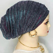 Women’s Glitter Pleated Full Body Turban Cap Muslim Headscarf African Headpiece - DancerInn