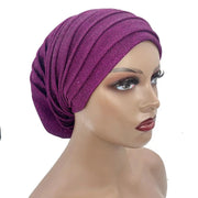 Women’s Glitter Pleated Full Body Turban Cap Muslim Headscarf African Headpiece - DancerInn