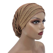 Women’s Glitter Pleated Full Body Turban Cap Muslim Headscarf African Headpiece - DancerInn
