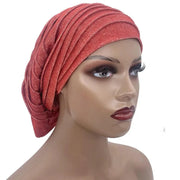 Women’s Glitter Pleated Full Body Turban Cap Muslim Headscarf African Headpiece - DancerInn