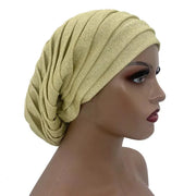 Women’s Glitter Pleated Full Body Turban Cap Muslim Headscarf African Headpiece - DancerInn