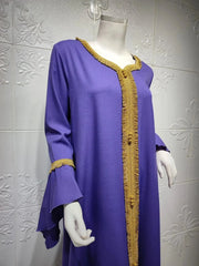Loose Muslim Arabic Islamic Kaftan Dresses with Golden Ribbon Embroidery for Women - DancerInn