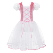 Girls Ballet Dress - Romantic Pink Professional Ballet Tutu Dress with TullePuff Sleeves for Kids Gymnastics Ballerina Dance - DancerInn