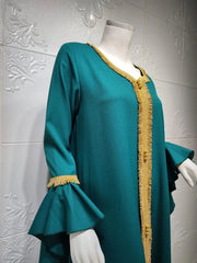 Loose Muslim Arabic Islamic Kaftan Dresses with Golden Ribbon Embroidery for Women - DancerInn