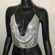 Backless Sequin Crop Tops Sexy Metallic Gold Silver Tanks for Women Summer Beach Club Fashion - DancerInn
