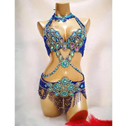 Bellydance Clothes for Women - Sexy Beaded Crystal 3 Piece Dance Costume Set with Bra, Belt, and Necklace - DancerInn