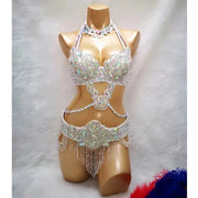 Bellydance Clothes for Women - Sexy Beaded Crystal 3 Piece Dance Costume Set with Bra, Belt, and Necklace - DancerInn