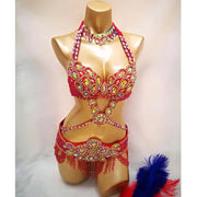 Bellydance Clothes for Women - Sexy Beaded Crystal 3 Piece Dance Costume Set with Bra, Belt, and Necklace - DancerInn