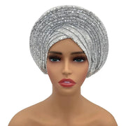 Women’s Sequined Turban Cap African Auto Gele Headtie Nigerian Wedding Head Wrap - DancerInn