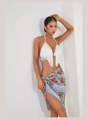 Women Halter Neck Latin Dance Bra Top with Waterfall Fringe Ergonomic Support Hollow Back - DancerInn