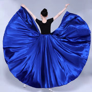 Spanish Skirt - Satin Long Dance Flamenco Skirts with Elastic Waist Big Swing Hem for Belly Dancing - DancerInn  