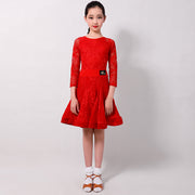 Latin Ballroom Dance Dresses for Girls with Lace Long Sleeves, Simple Neckline, and Invisible Zipper - DancerInn