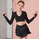 Girls Mini Skirt - Fringe Latin Dance Skirt Kids with Built-In Shorts for Salsa Rumba Bachata - black / XS