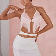 Women Halter Neck Latin Dance Bra Top with Waterfall Fringe Ergonomic Support Hollow Back - DancerInn