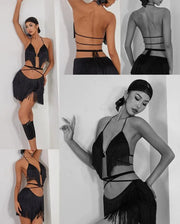 Women Halter Neck Latin Dance Bra Top with Waterfall Fringe Ergonomic Support Hollow Back - DancerInn