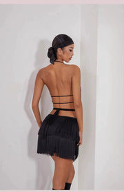 Women Halter Neck Latin Dance Bra Top with Waterfall Fringe Ergonomic Support Hollow Back - DancerInn