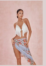 Women Halter Neck Latin Dance Bra Top with Waterfall Fringe Ergonomic Support Hollow Back - DancerInn