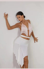 Women Halter Neck Latin Dance Bra Top with Waterfall Fringe Ergonomic Support Hollow Back - DancerInn