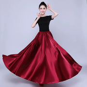 Spanish Skirt - Satin Long Dance Flamenco Skirts with Elastic Waist Big Swing Hem for Belly Dancing - DancerInn  